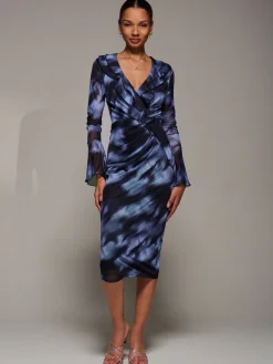 Ruffle V-Neckline Mesh Bodycon Midaxi Dress, Blue Abstract