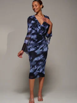 Ruffle V-Neckline Mesh Bodycon Midaxi Dress, Blue Abstract