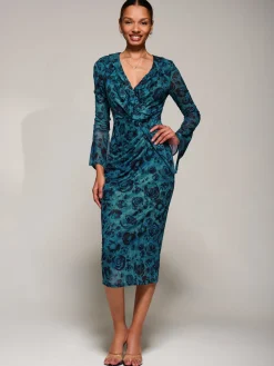 Ruffle V-Neckline Mesh Bodycon Midaxi Dress, Green Abstract