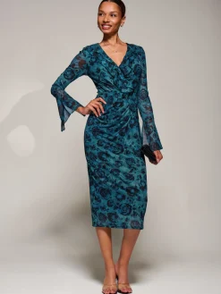 Ruffle V-Neckline Mesh Bodycon Midaxi Dress, Green Abstract