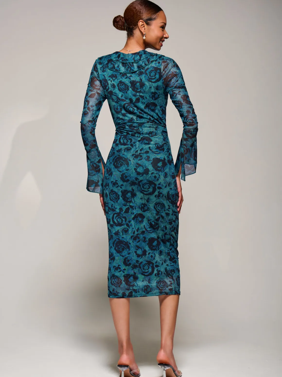 Ruffle V-Neckline Mesh Bodycon Midaxi Dress, Green Abstract
