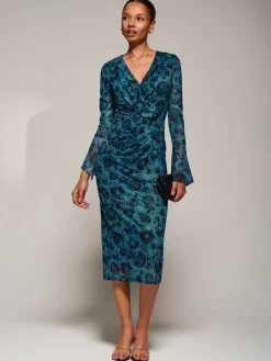 Ruffle V-Neckline Mesh Bodycon Midaxi Dress, Green Abstract