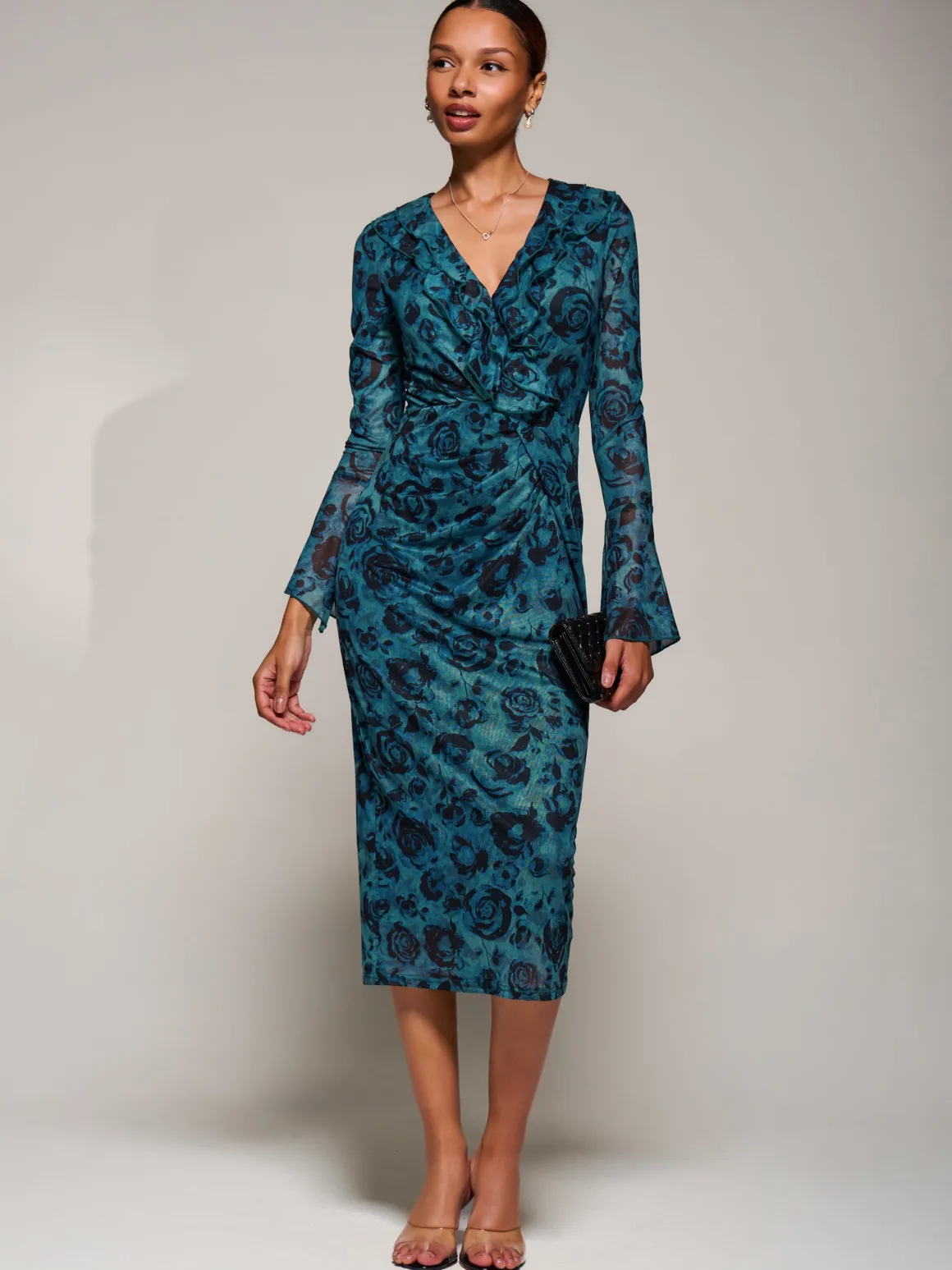 Ruffle V-Neckline Mesh Bodycon Midaxi Dress, Green Abstract