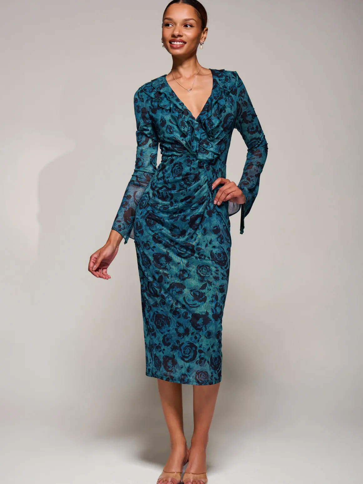 Ruffle V-Neckline Mesh Bodycon Midaxi Dress, Green Abstract