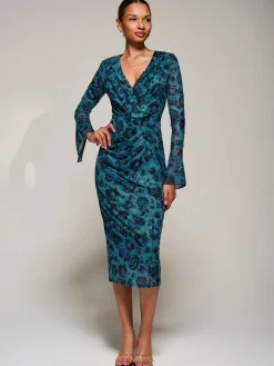 Ruffle V-Neckline Mesh Bodycon Midaxi Dress, Green Abstract