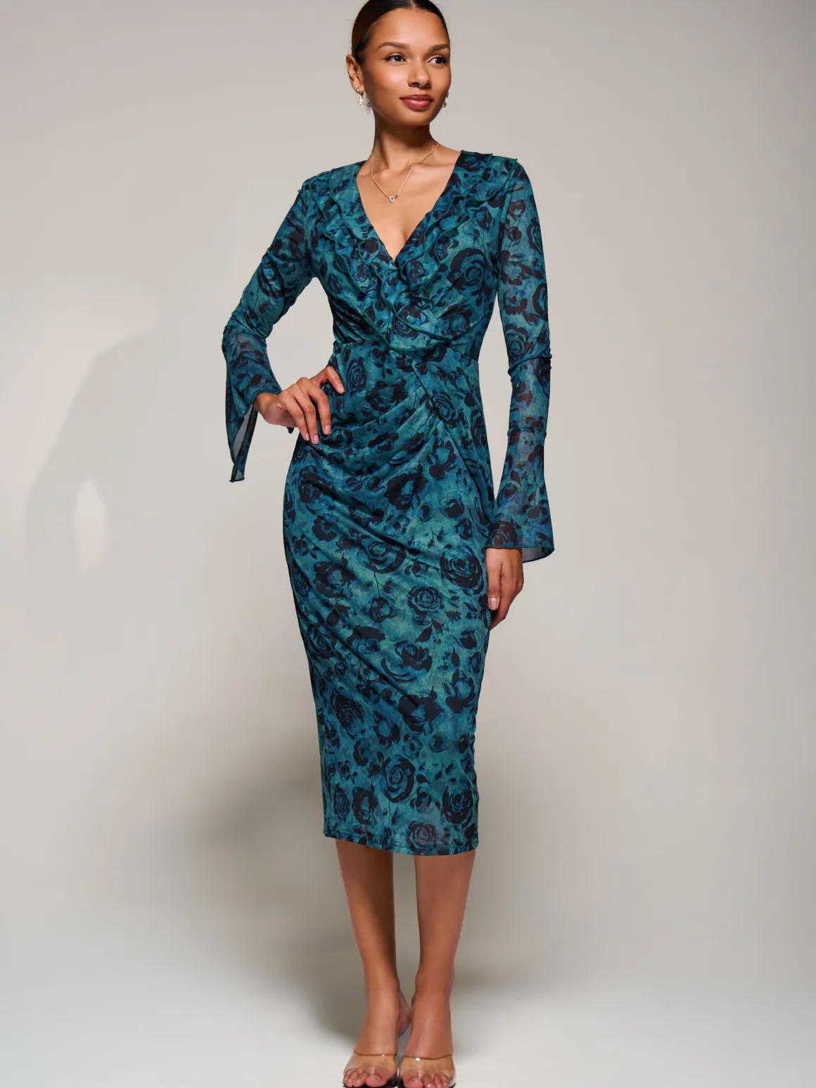 Ruffle V-Neckline Mesh Bodycon Midaxi Dress, Green Abstract