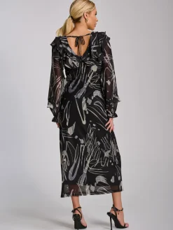 Ruffle V Neck Long Sleeve Mesh Midaxi Dress, Black Abstract