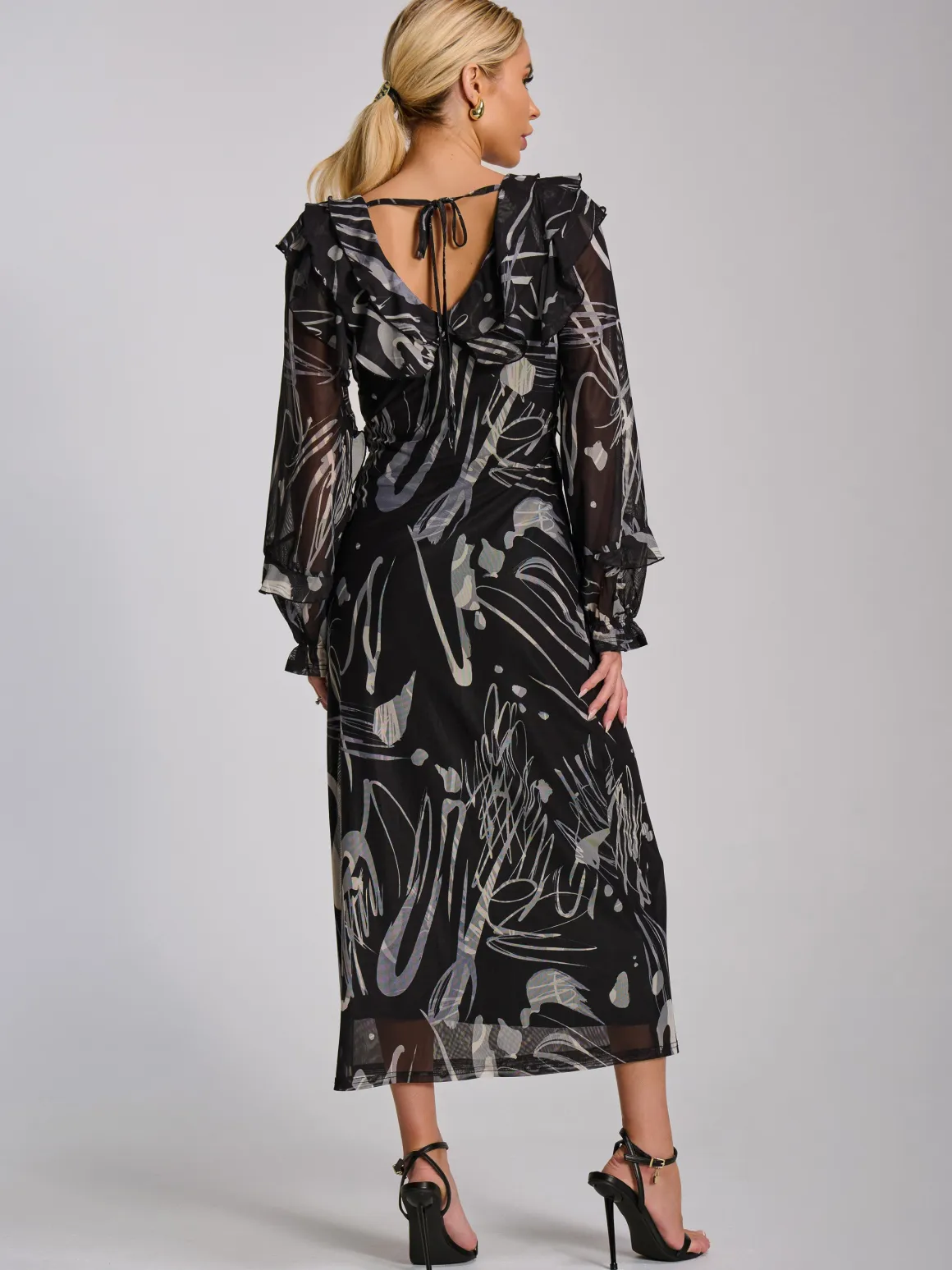 Ruffle V Neck Long Sleeve Mesh Midaxi Dress, Black Abstract