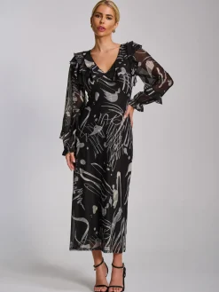 Ruffle V Neck Long Sleeve Mesh Midaxi Dress, Black Abstract