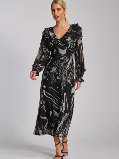 Ruffle V Neck Long Sleeve Mesh Midaxi Dress, Black Abstract