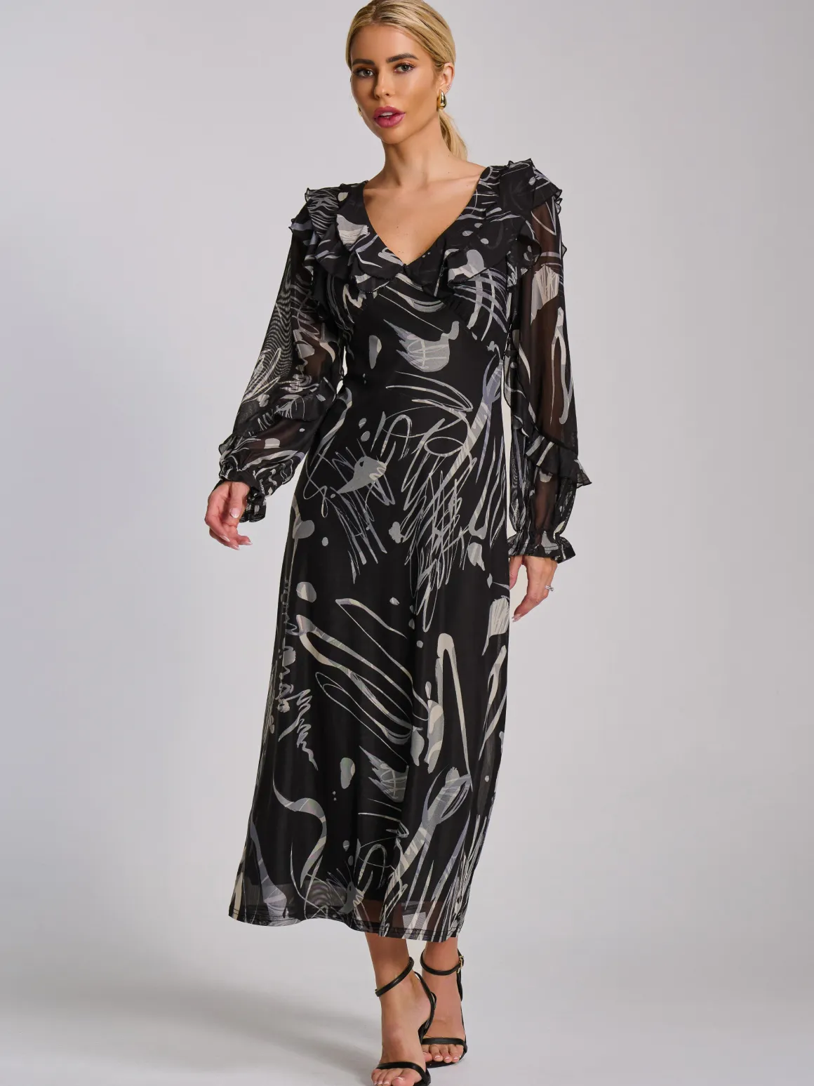 Ruffle V Neck Long Sleeve Mesh Midaxi Dress, Black Abstract