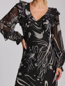 Ruffle V Neck Long Sleeve Mesh Midaxi Dress, Black Abstract