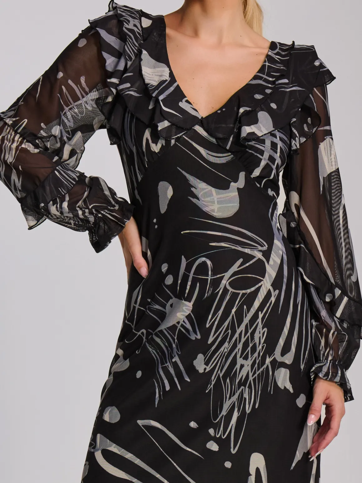 Ruffle V Neck Long Sleeve Mesh Midaxi Dress, Black Abstract