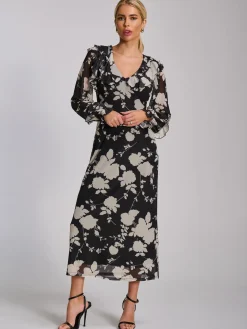 Ruffle V Neck Long Sleeve Mesh Midaxi Dress, Black Floral