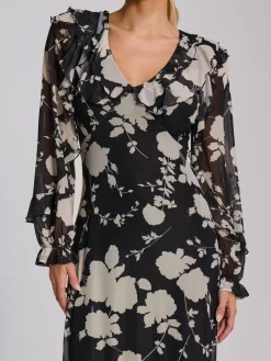 Ruffle V Neck Long Sleeve Mesh Midaxi Dress, Black Floral