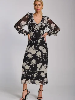 Ruffle V Neck Long Sleeve Mesh Midaxi Dress, Black Floral