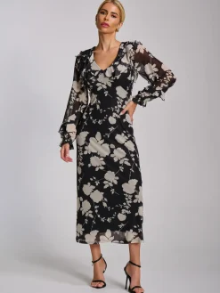 Ruffle V Neck Long Sleeve Mesh Midaxi Dress, Black Floral