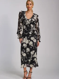 Ruffle V Neck Long Sleeve Mesh Midaxi Dress, Black Floral