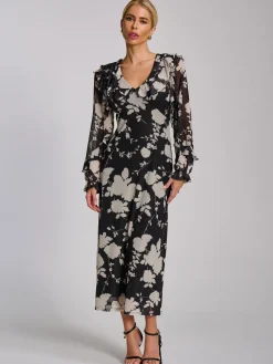 Ruffle V Neck Long Sleeve Mesh Midaxi Dress, Black Floral