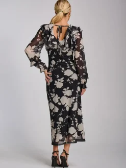 Ruffle V Neck Long Sleeve Mesh Midaxi Dress, Black Floral