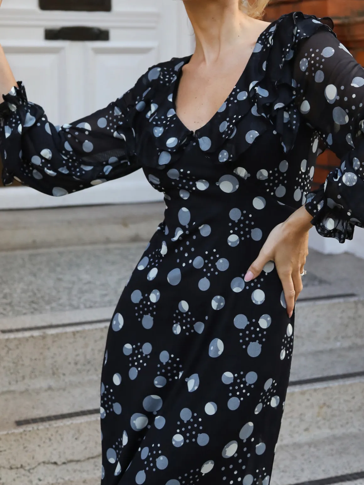 Ruffle V Neck Long Sleeve Mesh Midaxi Dress, Black Polka Dots