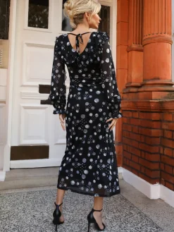 Ruffle V Neck Long Sleeve Mesh Midaxi Dress, Black Polka Dots