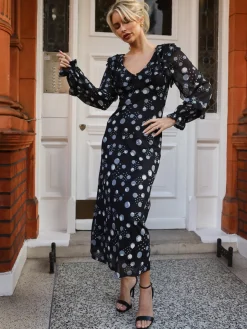 Ruffle V Neck Long Sleeve Mesh Midaxi Dress, Black Polka Dots