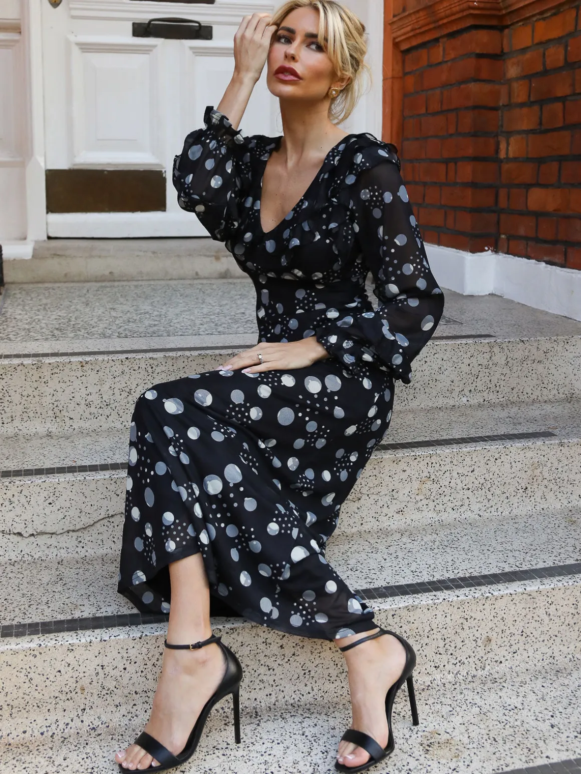 Ruffle V Neck Long Sleeve Mesh Midaxi Dress, Black Polka Dots