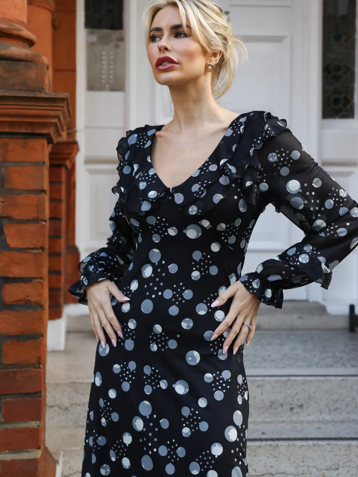 Ruffle V Neck Long Sleeve Mesh Midaxi Dress, Black Polka Dots