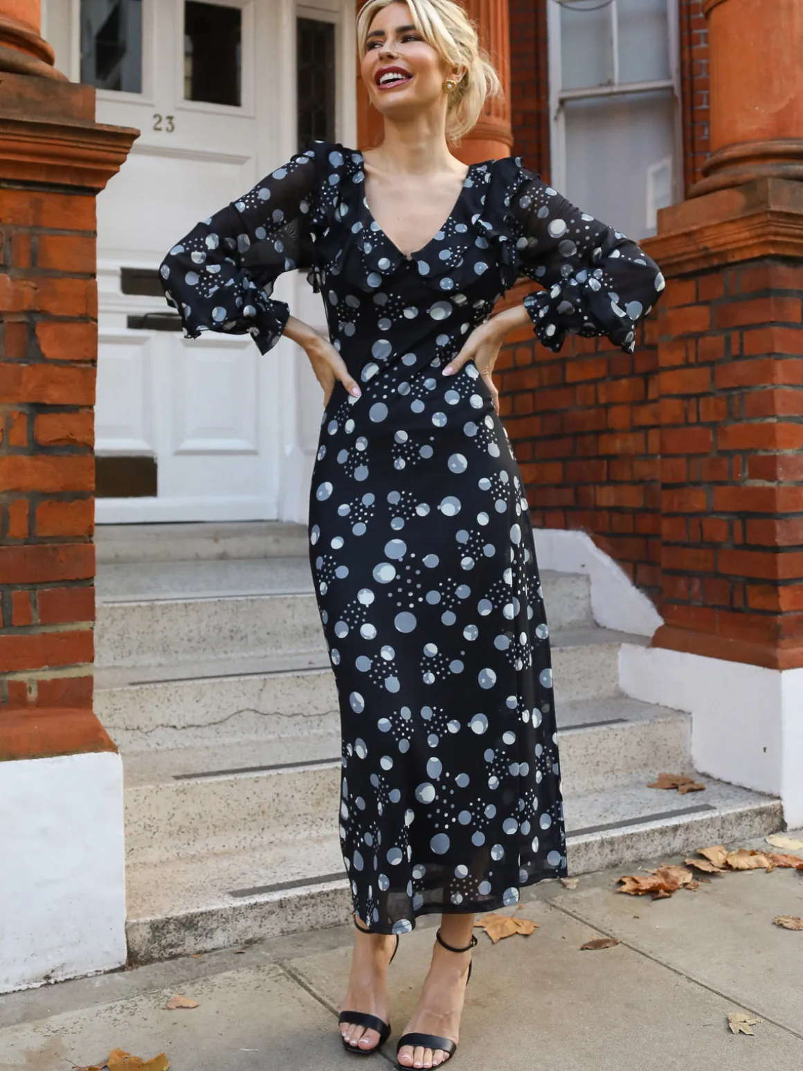 Ruffle V Neck Long Sleeve Mesh Midaxi Dress, Black Polka Dots