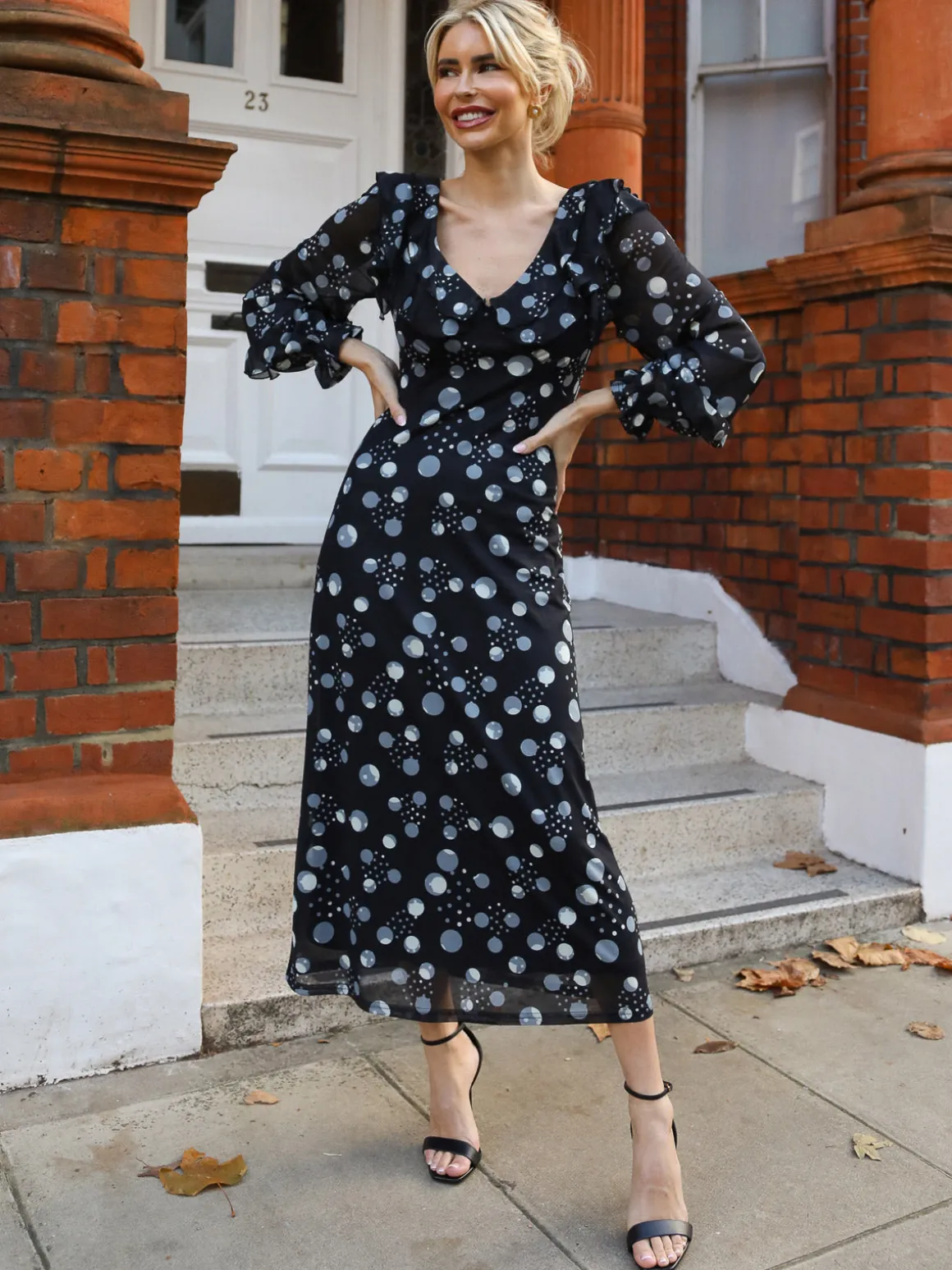 Ruffle V Neck Long Sleeve Mesh Midaxi Dress, Black Polka Dots