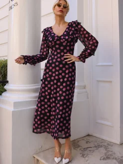 Ruffle V Neck Long Sleeve Mesh Midaxi Dress, Fuchsia Polka Dot