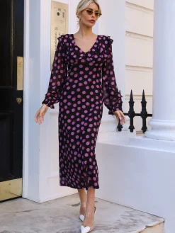 Ruffle V Neck Long Sleeve Mesh Midaxi Dress, Fuchsia Polka Dot