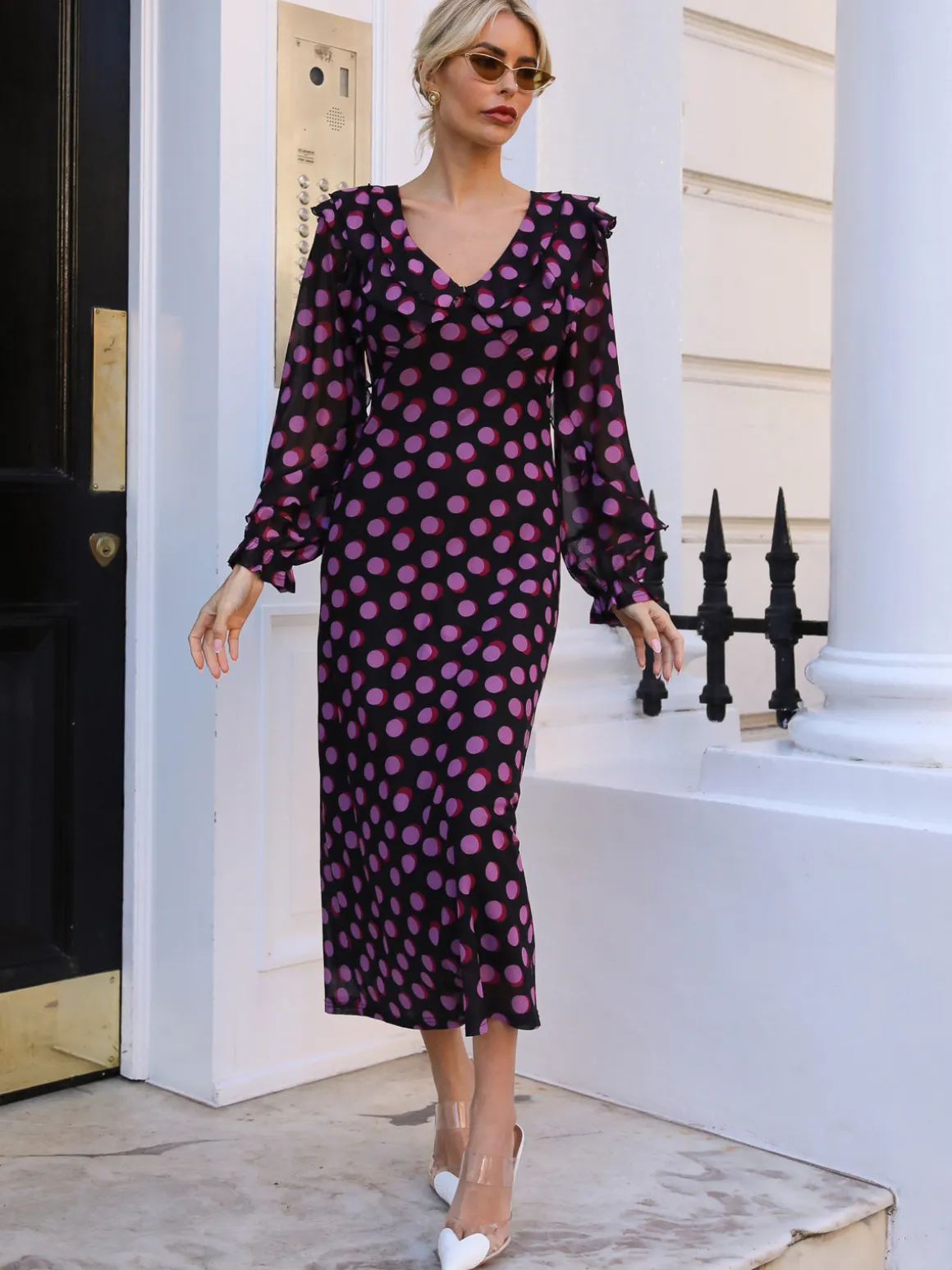 Ruffle V Neck Long Sleeve Mesh Midaxi Dress, Fuchsia Polka Dot