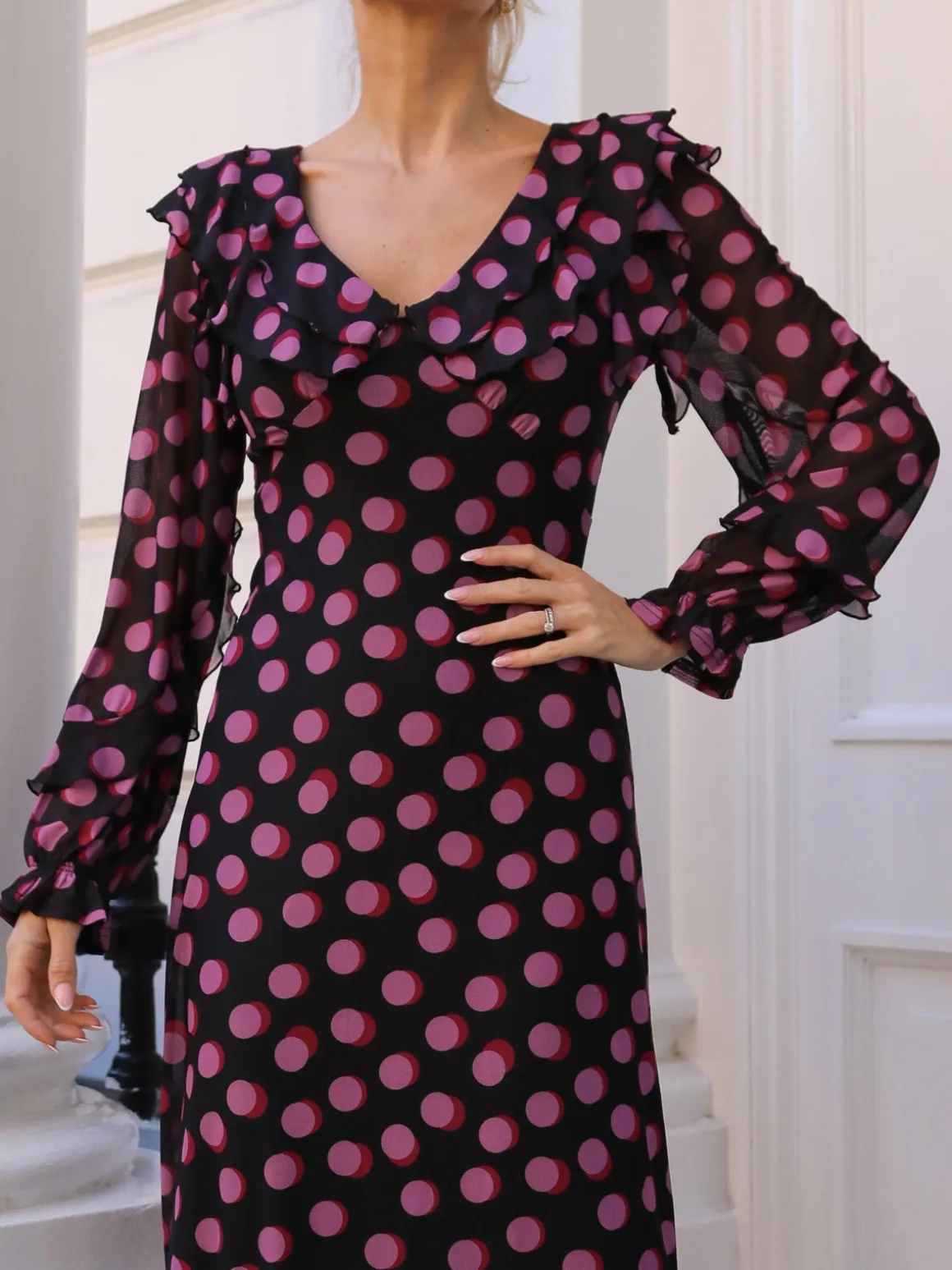 Ruffle V Neck Long Sleeve Mesh Midaxi Dress, Fuchsia Polka Dot