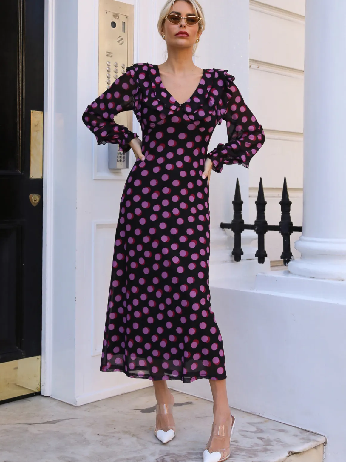 Ruffle V Neck Long Sleeve Mesh Midaxi Dress, Fuchsia Polka Dot