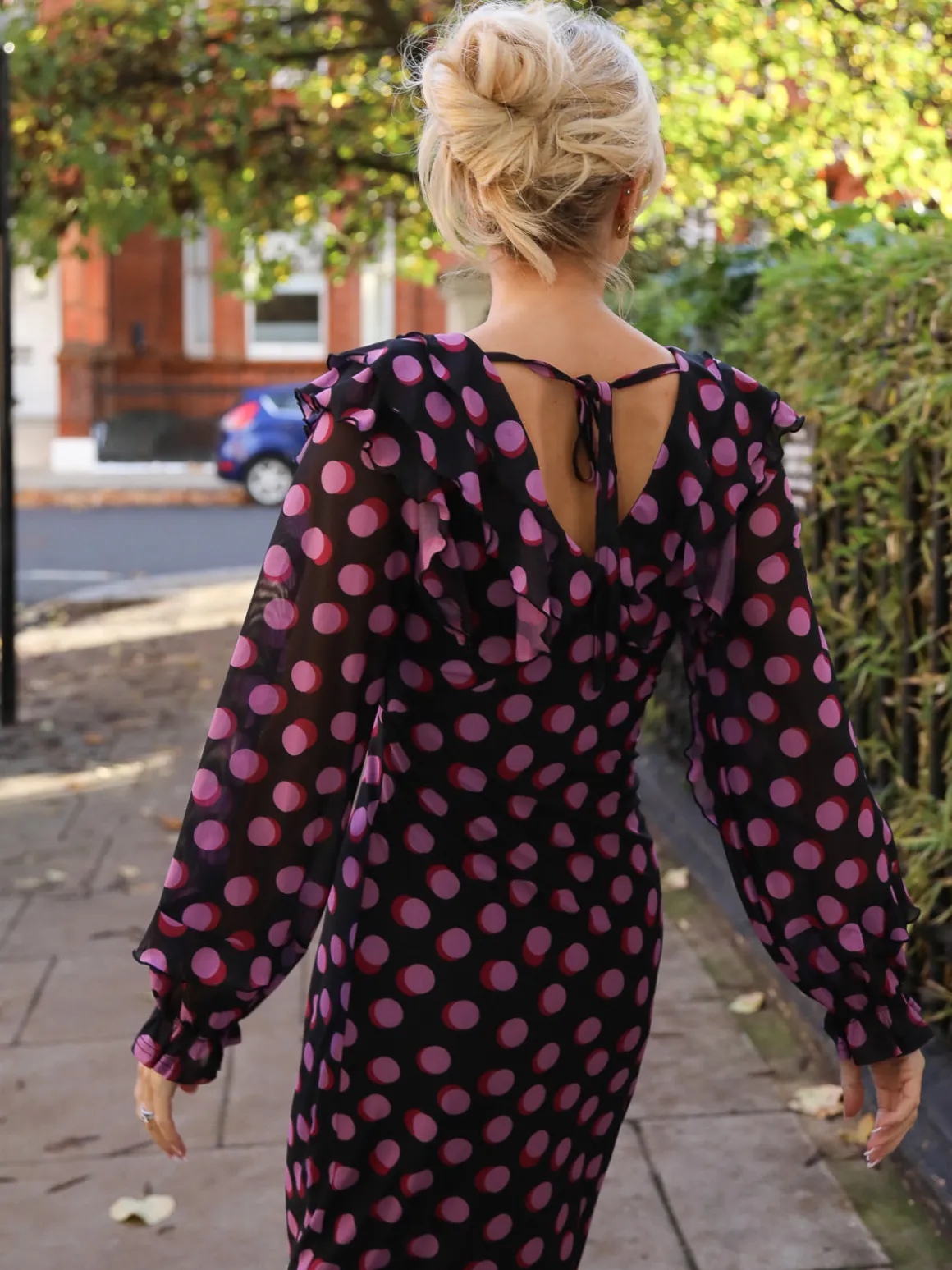 Ruffle V Neck Long Sleeve Mesh Midaxi Dress, Fuchsia Polka Dot