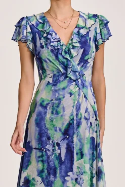 Ruffle V-Neck Mesh Maxi Dress, Blue Abstract