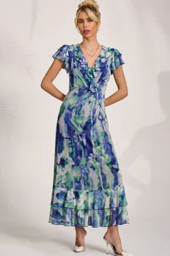 Ruffle V-Neck Mesh Maxi Dress, Blue Abstract