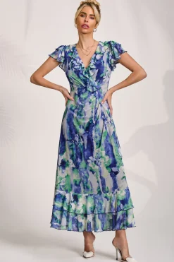 Ruffle V-Neck Mesh Maxi Dress, Blue Abstract