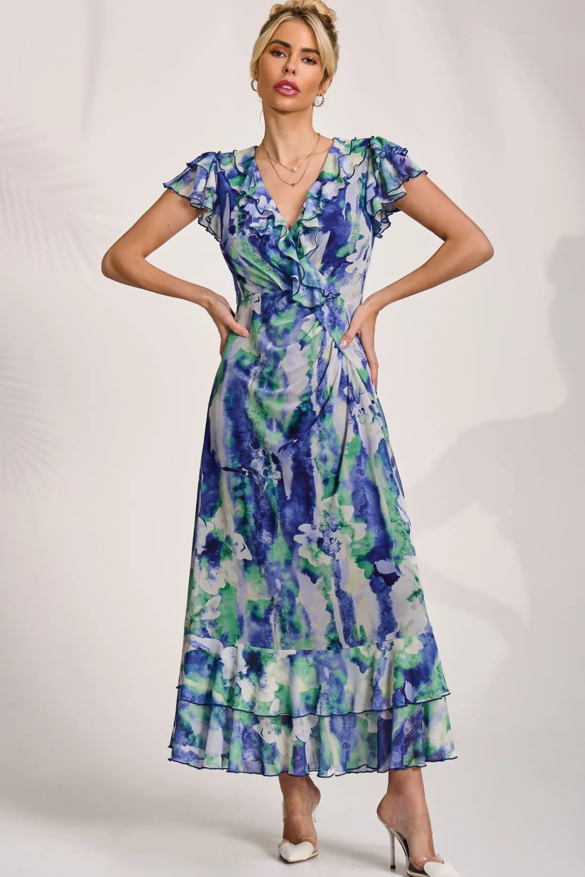 Ruffle V-Neck Mesh Maxi Dress, Blue Abstract