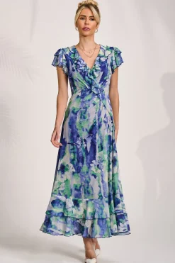 Ruffle V-Neck Mesh Maxi Dress, Blue Abstract