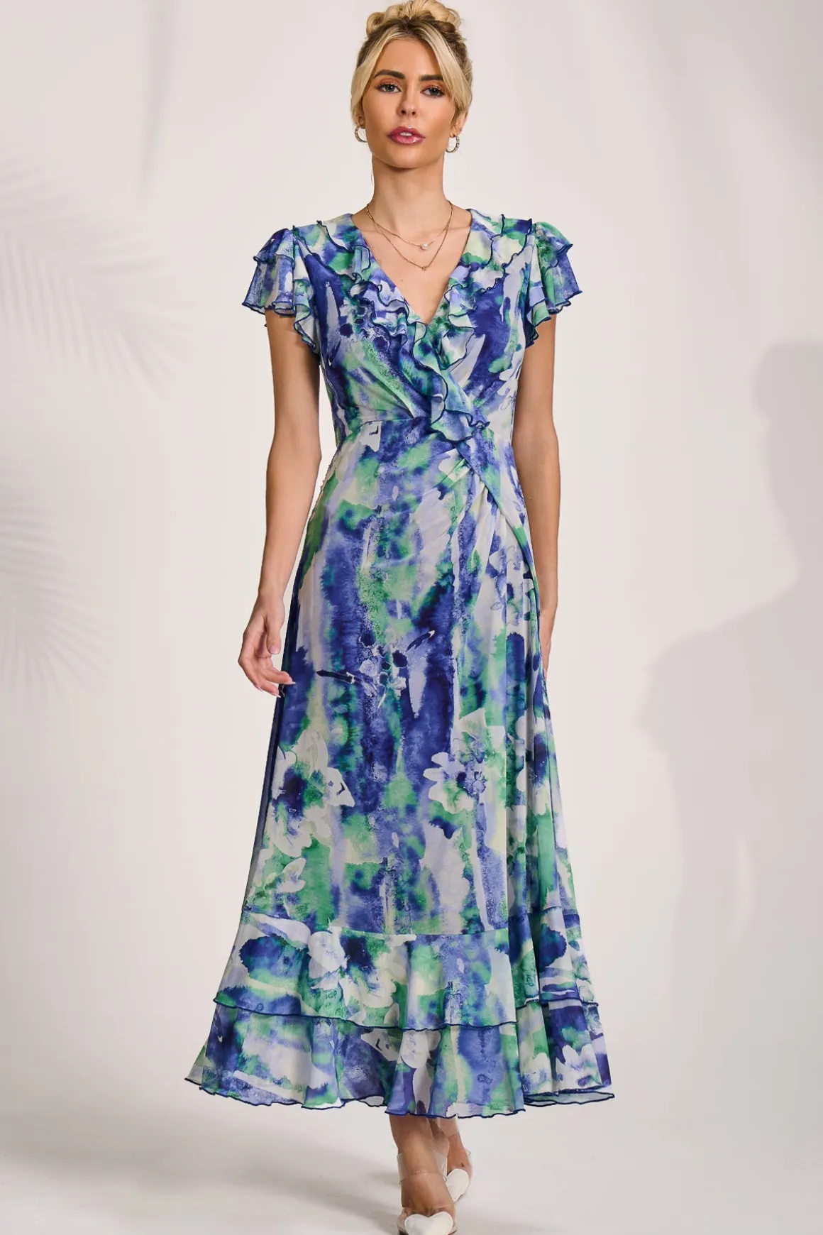 Ruffle V-Neck Mesh Maxi Dress, Blue Abstract