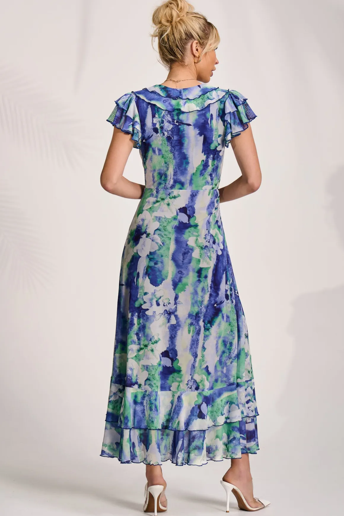 Ruffle V-Neck Mesh Maxi Dress, Blue Abstract
