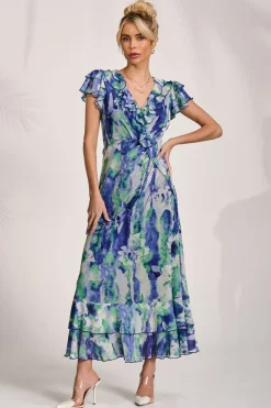 Ruffle V-Neck Mesh Maxi Dress, Blue Abstract