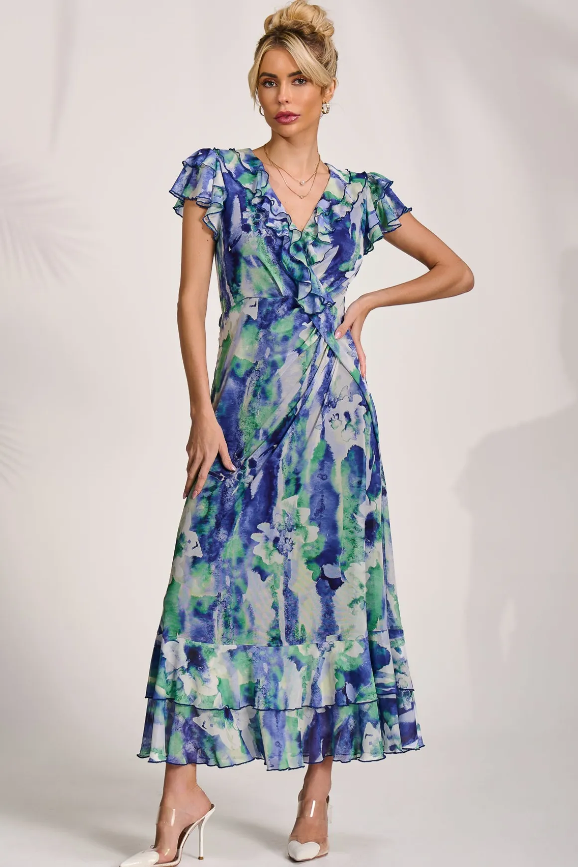 Ruffle V-Neck Mesh Maxi Dress, Blue Abstract
