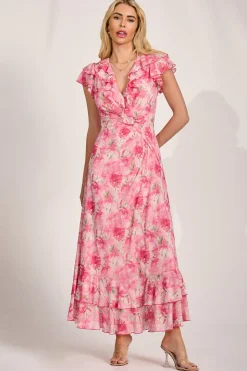Ruffle V-Neck Mesh Maxi Dress, Pink Floral