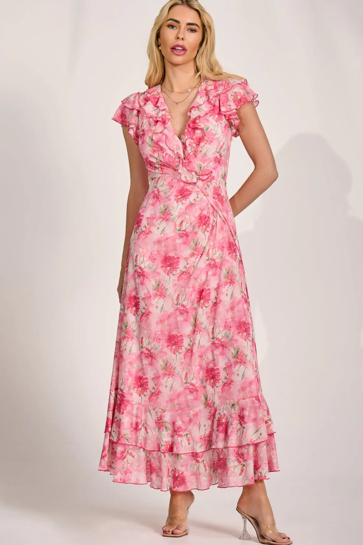 Ruffle V-Neck Mesh Maxi Dress, Pink Floral