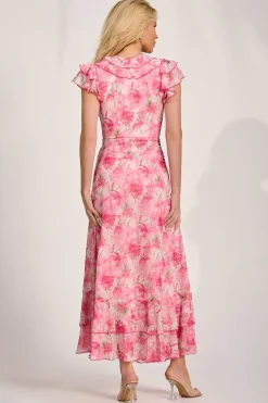Ruffle V-Neck Mesh Maxi Dress, Pink Floral