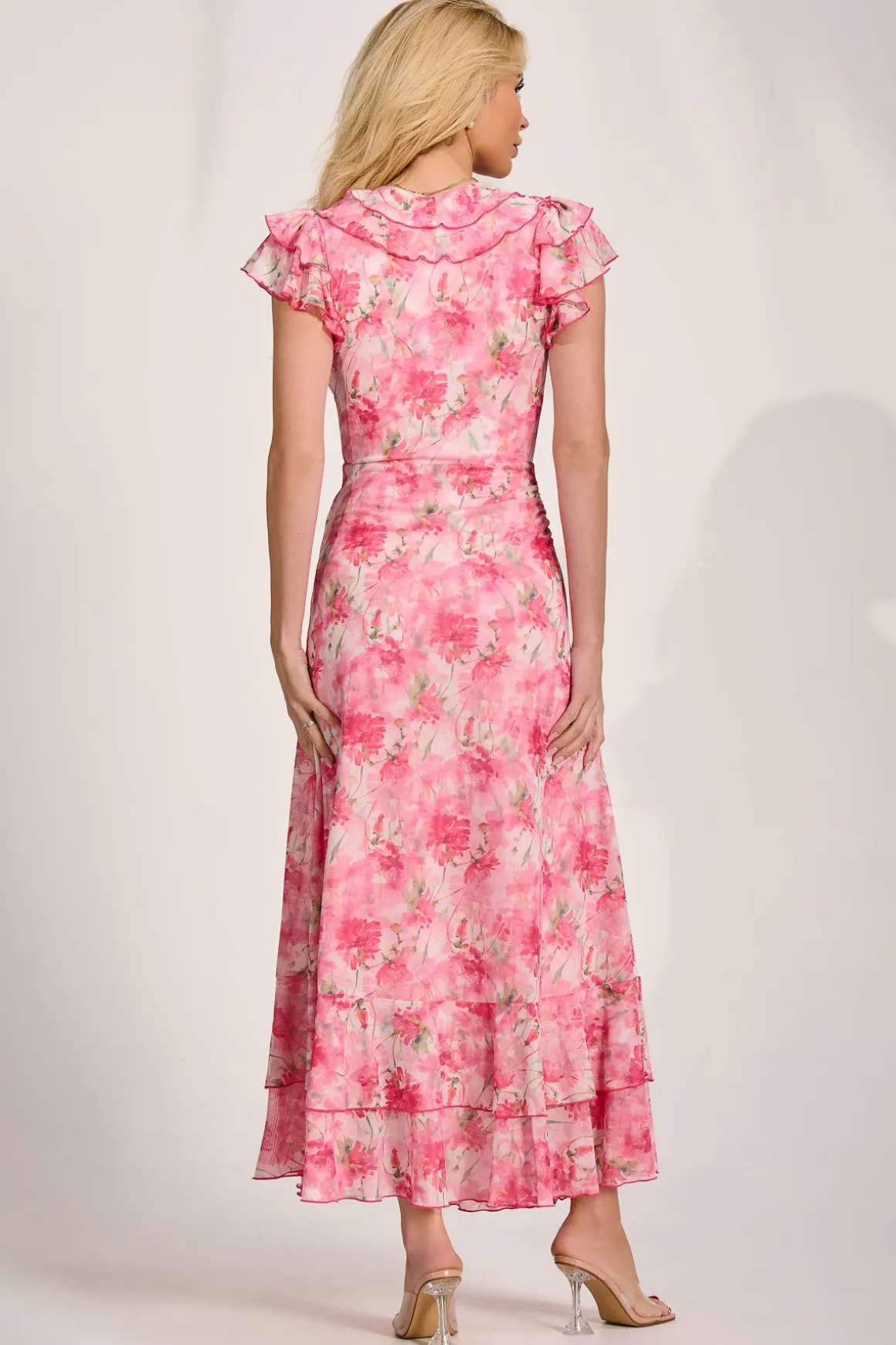 Ruffle V-Neck Mesh Maxi Dress, Pink Floral